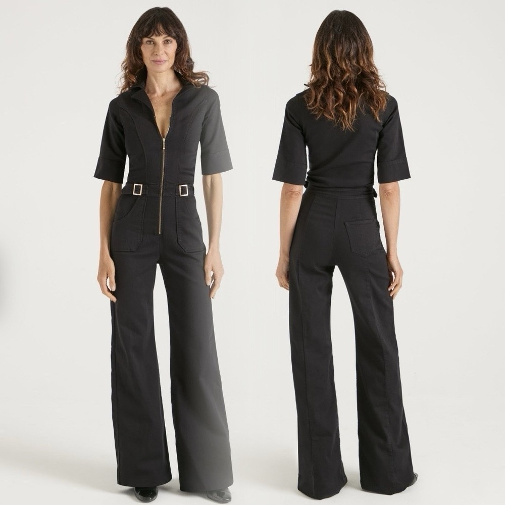 Donna Ida Cassandra The Flared Jumpsuit Black Cotton Stretch Stretch Comfort M